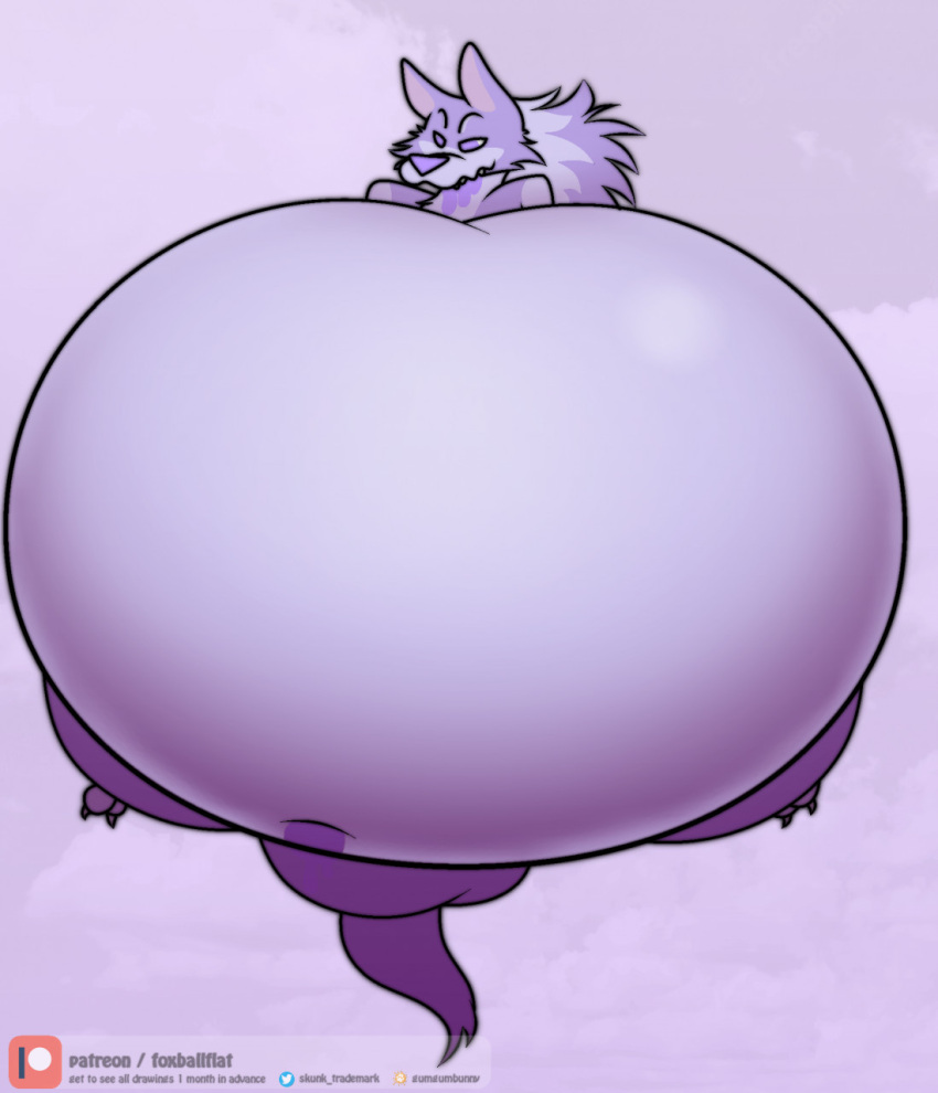 ambiguous_gender anthro belly big_belly biped canid canine canis capcom darkstalkers floating foxball fur hair half-closed_eyes hi_res hyper hyper_belly inflation jon_talbain long_hair mammal narrowed_eyes navel nude outside purple_body purple_hair simple_background solo video_games wolf