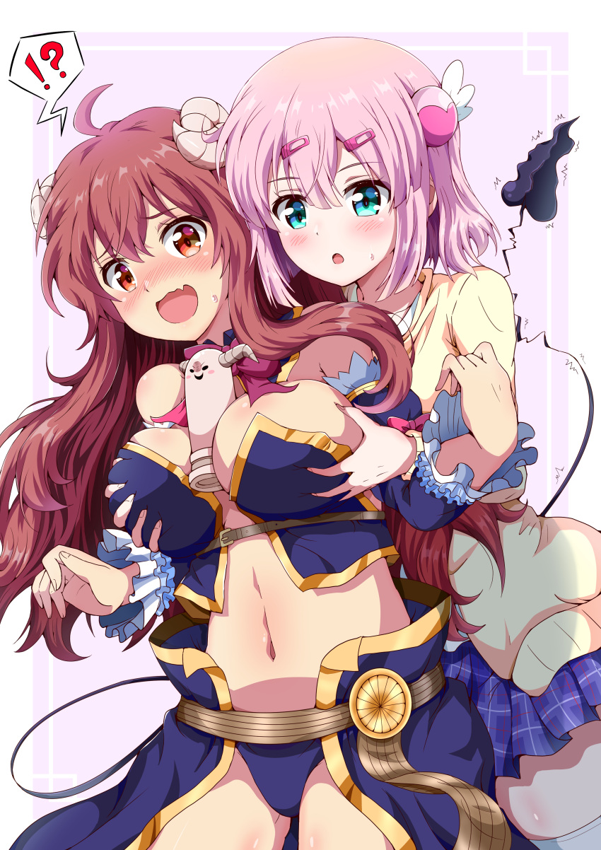 !? 2girls absurdres ahoge belt between_breasts blue_eyes blush bow bowtie breast_awe breast_grab breasts cardigan chiyoda_momo commentary crisis_management_form_(machimazo) curled_horns demon_girl demon_horns demon_tail detached_sleeves eggman_(pixiv28975023) expressive_tail fang grabbing hair_ornament hairclip heart highres horns large_breasts lilith_(machikado_mazoku) long_hair long_sleeves machikado_mazoku multiple_girls navel open_mouth pink_hair plaid plaid_skirt purple_skirt red_bow red_bowtie red_eyes red_hair revision school_uniform short_hair simple_background skirt spoken_interrobang statue tail thighhighs white_background yellow_cardigan yoshida_yuuko_(machikado_mazoku) yuri zettai_ryouiki