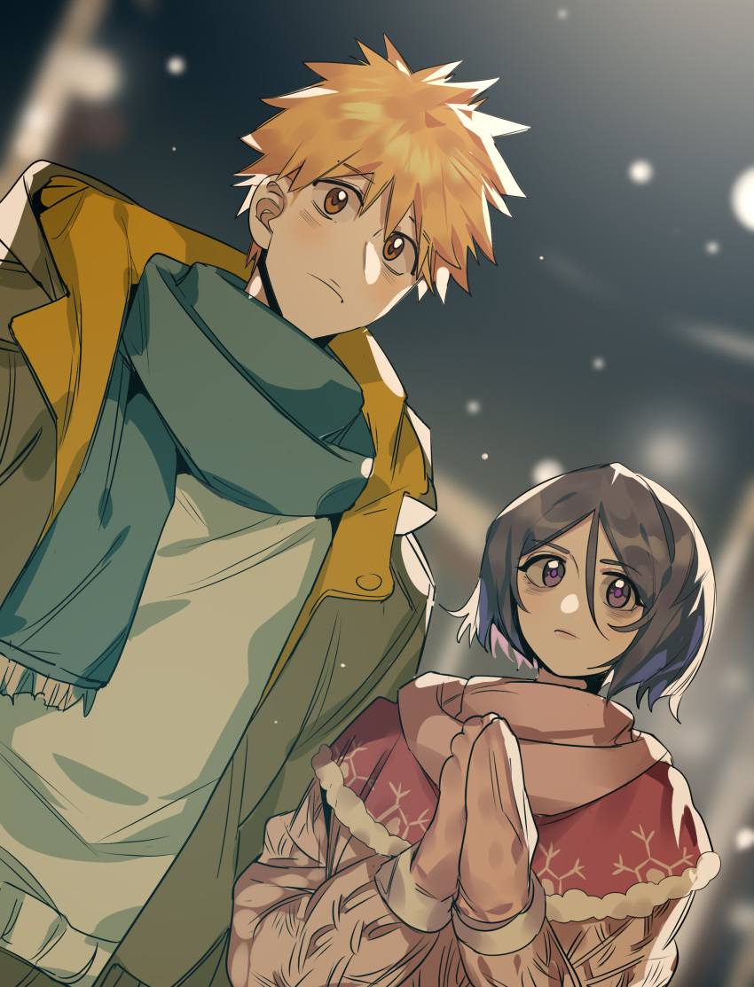 1boy 1girl absurdres black_hair bleach blue_scarf brown_eyes capelet closed_mouth coat hair_between_eyes highres kuchiki_rukia kurosaki_ichigo orange_hair outdoors own_hands_together pink_mittens pink_scarf pink_sweater purple_eyes red_capelet scarf short_hair snowing spiked_hair sweater upper_body white_sweater winter winter_clothes winter_coat xi_luo_an_ya