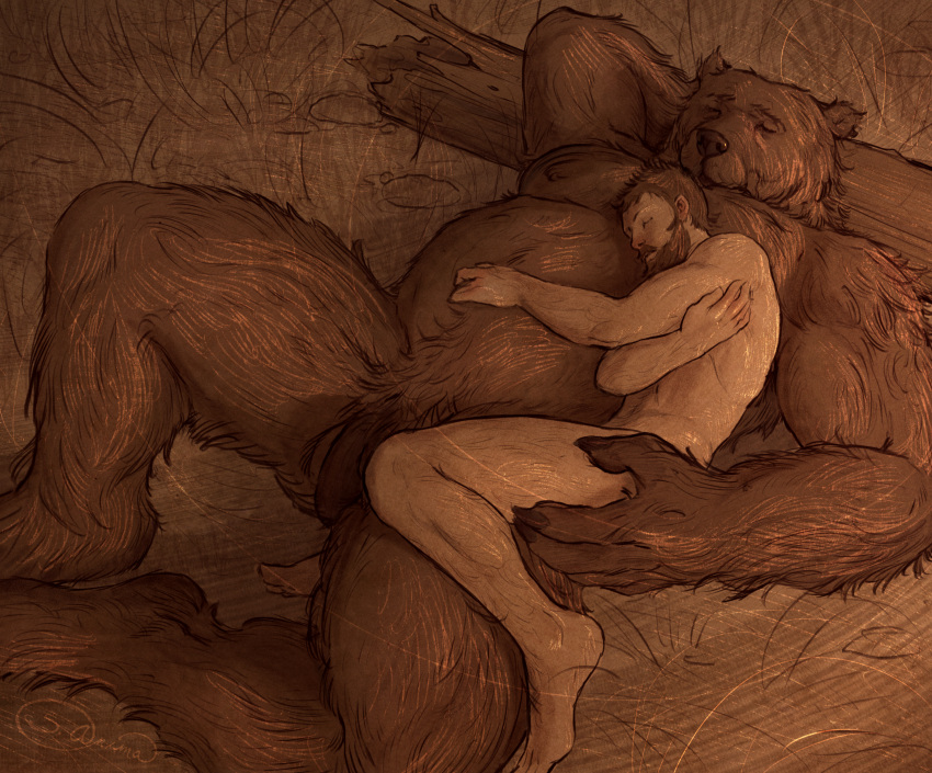 anthro balls beard body_hair brown_body brown_fur brown_hair cuddling duo eyes_closed facial_hair flaccid fur genitals grass hair hi_res holding_partner human human_on_anthro interspecies larger_anthro larger_male leg_hair log lying male male/male male_on_anthro mammal monochrome moobs musclegut nature nude on_back penis plant romantic romantic_couple s_anima sepia signature size_difference sleeping smaller_human smaller_male ursid were wereursid wood