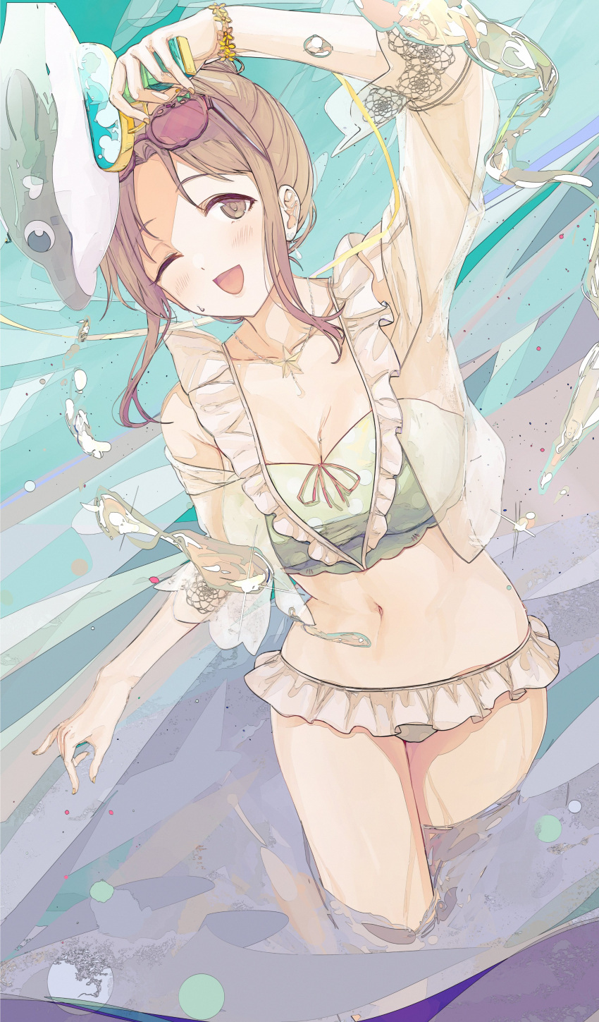 1girl abstract_background absurdres bikini brown_eyes brown_hair commentary_request dutch_angle eyewear_on_head frilled_bikini frills hair_bun highres ichikawa_hinana idolmaster idolmaster_shiny_colors jewelry karya long_hair looking_at_viewer navel necklace one_eye_closed single_hair_bun solo star_(symbol) star_necklace swimsuit water water_gun wet