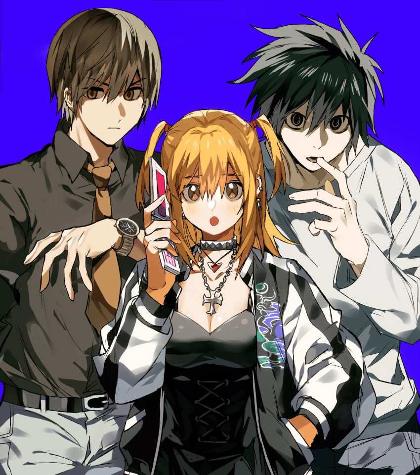 1girl 2boys absurdres amane_misa black_hair black_jacket black_shirt blonde_hair blue_background breasts brown_eyes brown_hair cellphone death_note highres jacket l_(death_note) multiple_boys necktie phone shirt simple_background xi_luo_an_ya yagami_light