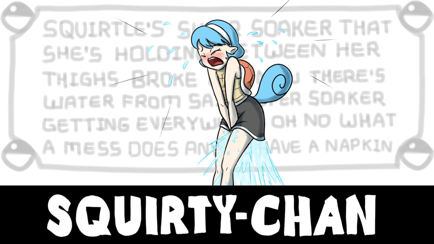 blue_hair blush bodily_fluids ejaculation english_text ergomancy eyes_closed female generation_1_pokemon genital_fluids hair hi_res humanoid nintendo open_mouth pokemon pokemon_(species) pussy_ejaculation pussy_juice solo squirtle text video_games white_body white_skin