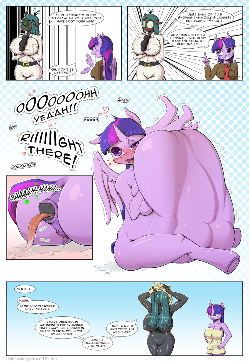 &lt;3 anal anal_vore anthro anthrofied big_breasts blush bodily_fluids breasts comic deusexequus equid equine friendship_is_magic genital_fluids genitals green_eyes green_hair hair hasbro hi_res hooves horn huge_breasts long_hair long_tongue mammal my_little_pony necktie nipple_outline nude princess_twilight_sparkle_(mlp) purple_eyes purple_hair pussy pussy_juice queen_chrysalis_(mlp) tongue towel twilight_sparkle_(mlp) vore wet winged_unicorn wings