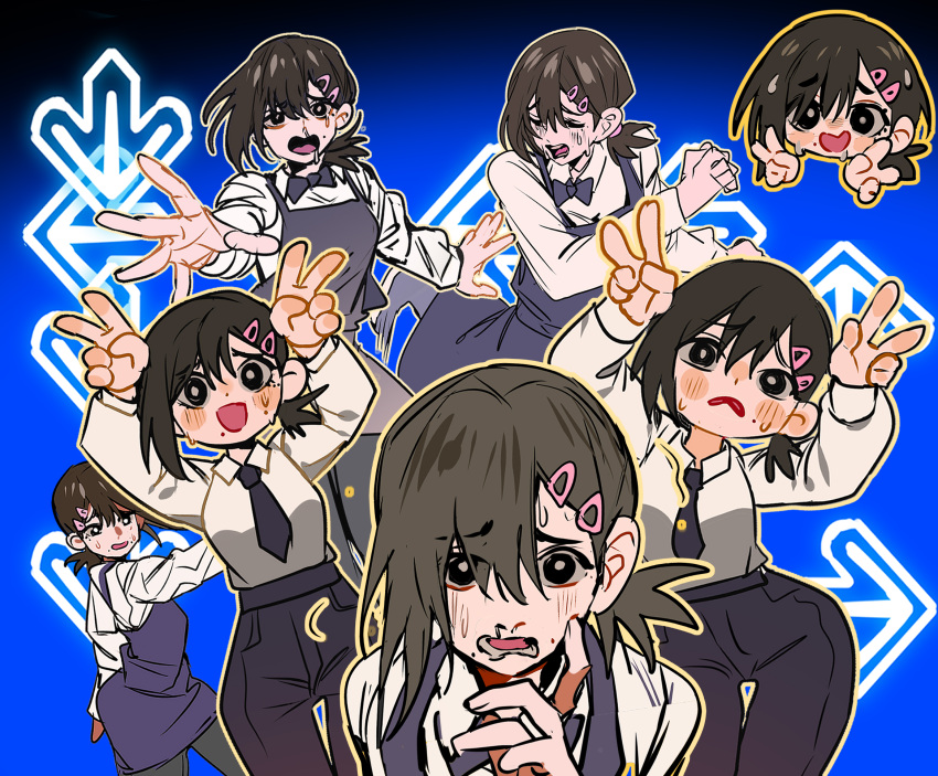 1girl apron arrow_(symbol) black_apron black_bow black_bowtie black_eyes black_hair black_necktie black_pants blue_background blush bow bowtie chainsaw_man closed_eyes collared_shirt cowboy_shot dance_dance_revolution dancing hair_between_eyes hands_up higashiyama_kobeni highres long_sleeves medium_hair multiple_views necktie open_mouth pants shirt side_ponytail smile sweat upper_body v wavy_mouth white_shirt xi_luo_an_ya