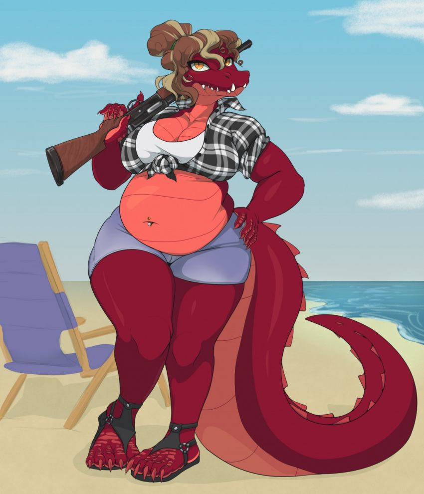 alligator alligatorid anthro beach beach_chair belly big_belly big_breasts blazecloud bottomwear breasts cleavage clothed clothing cloud crocodilian crop_top diamond_(losangelesrider) female gun hair hand_on_hip hi_res hotpants long_tail navel navel_piercing overweight overweight_anthro overweight_female piercing pupils ranged_weapon red_body red_scales reptile sand sandal scales scalie sea seaside sharp_teeth shirt shorts shotgun sky slightly_chubby slit_pupils solo standing teeth thick_tail tied_hair tied_shirt topwear water weapon weapon_on_shoulder yellow_eyes