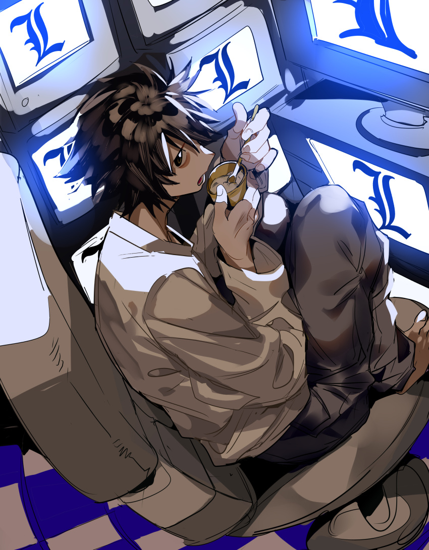 1boy absurdres barefoot black_eyes black_hair character_name checkered_floor cup death_note eating full_body grey_pants hair_between_eyes highres holding holding_cup holding_spoon indoors l_(death_note) long_sleeves looking_at_viewer looking_back male_focus no_eyebrows open_mouth pants shirt short_hair sitting solo spiked_hair spoon swivel_chair television white_shirt xi_luo_an_ya
