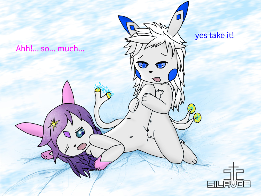 blue_cheeks blue_eyes clitoris duo electricity female fur genitals hair hi_res lagomorph male male/female mammal navel open_mouth penetration penis pink_ears purple_hair pussy sex shivaa_snow silavos silavos_snow text vaginal vaginal_penetration watermark white_body white_fur