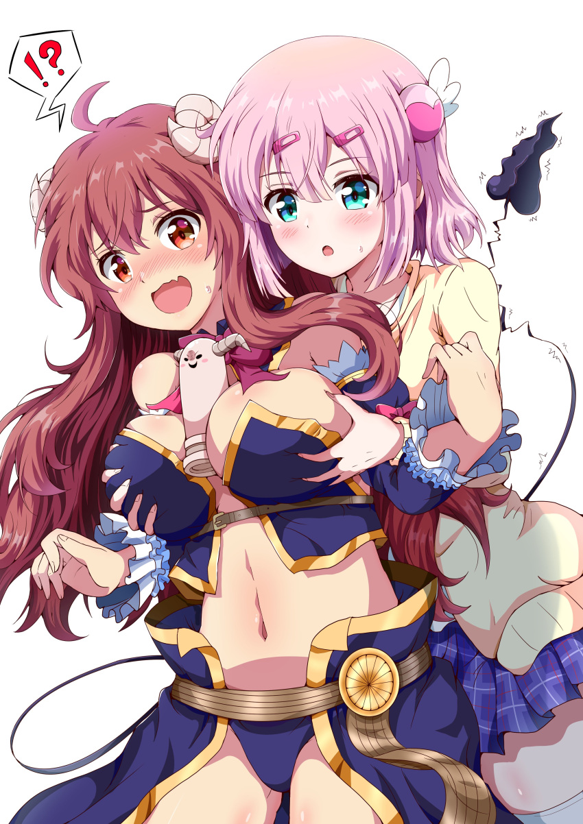 !? 2girls absurdres ahoge belt between_breasts blue_eyes blush bow bowtie breast_awe breast_grab breasts cardigan chiyoda_momo commentary crisis_management_form_(machimazo) curled_horns demon_girl demon_horns demon_tail detached_sleeves eggman_(pixiv28975023) expressive_tail fang grabbing hair_ornament hairclip heart highres horns large_breasts lilith_(machikado_mazoku) long_hair long_sleeves machikado_mazoku multiple_girls navel open_mouth pink_hair plaid plaid_skirt purple_skirt red_bow red_bowtie red_eyes red_hair revision school_uniform short_hair simple_background skirt spoken_interrobang statue tail thighhighs white_background yellow_cardigan yoshida_yuuko_(machikado_mazoku) yuri zettai_ryouiki