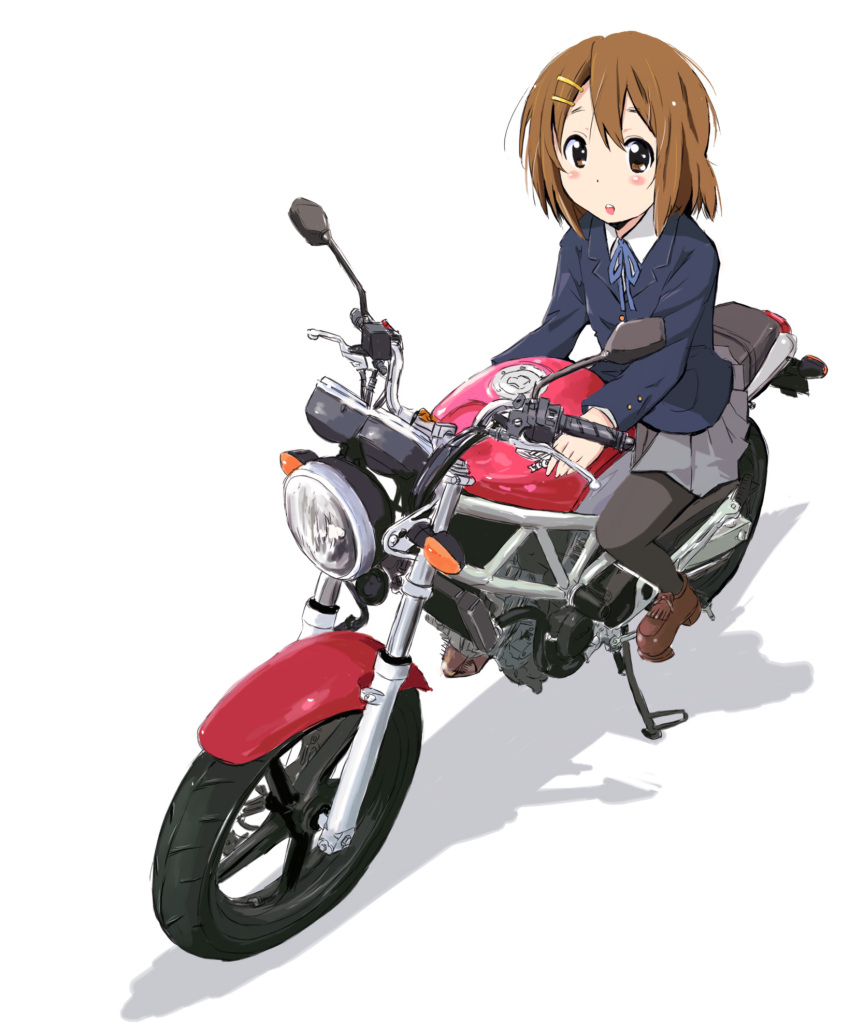 1girl bangs black_pantyhose blue_cardigan blue_ribbon blush brown_eyes brown_hair cardigan collar collared_shirt grey_skirt ground_vehicle hair_between_eyes hair_ornament hairclip highres hirasawa_yui k-on! long_sleeves looking_at_viewer maruyo medium_hair motor_vehicle motorcycle neck_ribbon on_motorcycle pantyhose pleated_skirt ribbon sakuragaoka_high_school_uniform school_uniform shirt sidelocks sitting skirt solo teeth upper_teeth vehicle_request white_background white_collar winter_uniform