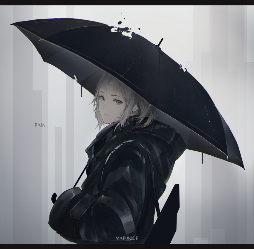 1girl artist_name bangs black_jacket black_umbrella closed_mouth commentary_request grey_background grey_eyes grey_hair highres holding holding_umbrella jacket letterboxed long_sleeves looking_at_viewer looking_to_the_side marumoru original rain solo umbrella upper_body