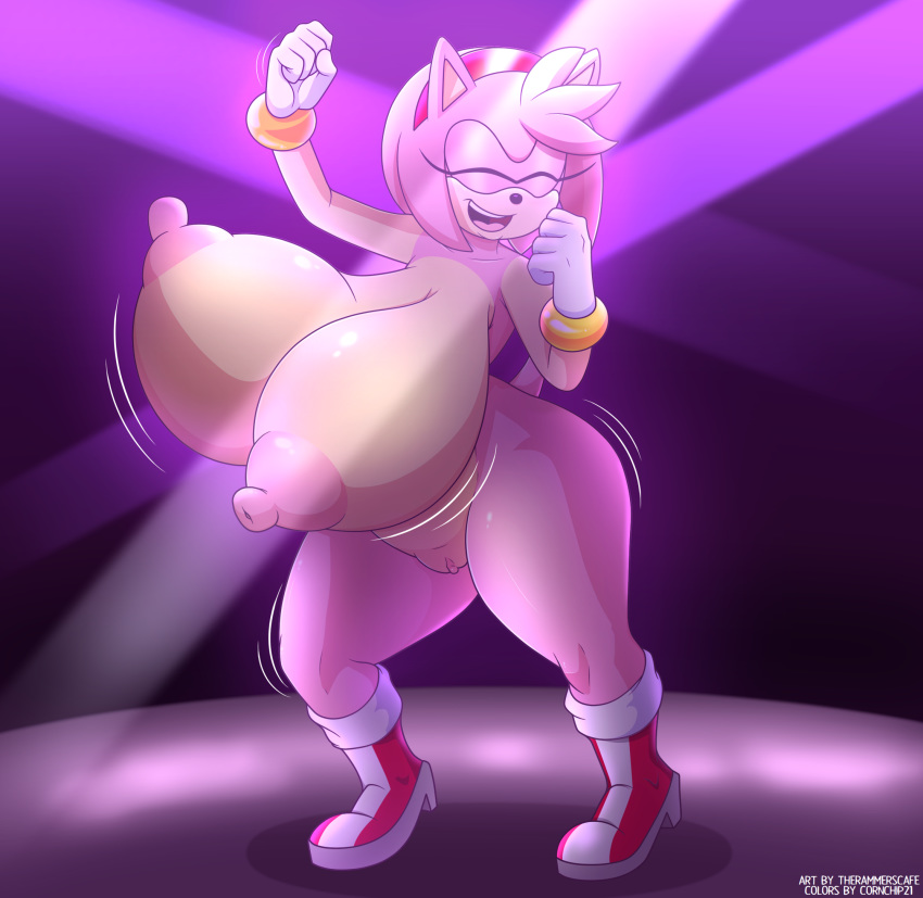 amy_rose anthro areola big_breasts boots bouncing_breasts bracelet breasts clitoris clothing cornchip21 dance_floor dancing erect_nipples eulipotyphlan eyes_closed female fist footwear gloves hairband happy hedgehog hi_res huge_breasts hyper hyper_breasts jewelry mammal mostly_nude nipples open_mouth open_smile puffy_areola purple_background pussy shaking simple_background smile solo sonic_(series) spotlight therammerscafe thick_thighs wide_hips