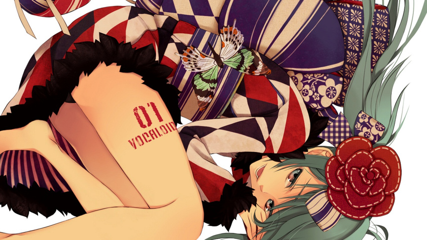 barefoot bug butterfly flower green_eyes green_hair hair_ornament hatsune_miku insect japanese_clothes kimono macco smile solo vocaloid