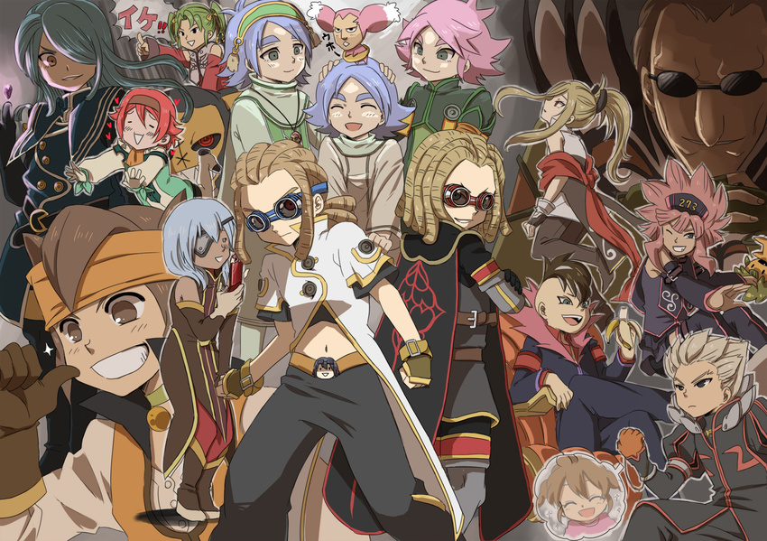 afuro_terumi cosplay endou_mamoru eyepatch fubuki_atsuya fubuki_shirou fudou_akio goggles gouenji_shuuya gouenji_yuuka headband highres inazuma_eleven inazuma_eleven_(series) kageyama_reiji kazemaru_ichirouta kidou_yuuto kiyama_hiroto midorikawa_ryuuji mohawk multiple_boys sakuma_jirou tales_of_(series) tales_of_the_abyss tsunami_jousuke v-ko_(vickywa)