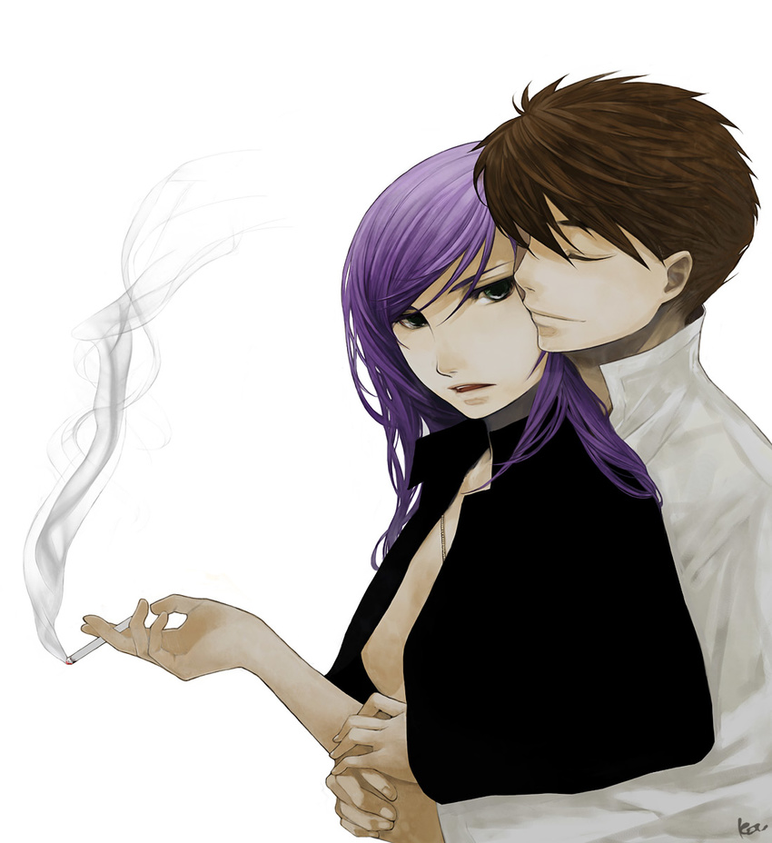 1boy 1girl black_shirt brown_hair butz_klauser cigarette couple dress_shirt eyes_closed faris_scherwiz female final_fantasy final_fantasy_v green_eyes highres hug katsura_(+araka) long_hair male open_clothes open_shirt purple_hair shirt short_hair smoke smoking white_shirt