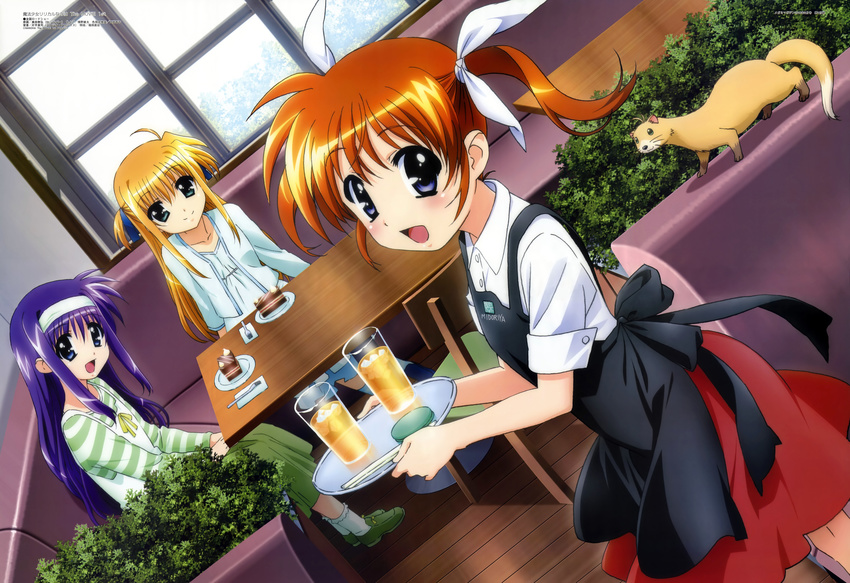 absurdres apron arisa_bannings ferret highres lyrical_nanoha mahou_shoujo_lyrical_nanoha mahou_shoujo_lyrical_nanoha_the_movie_1st megami okuda_yasuhiro takamachi_nanoha tray tsukimura_suzuka waitress yuuno_scrya