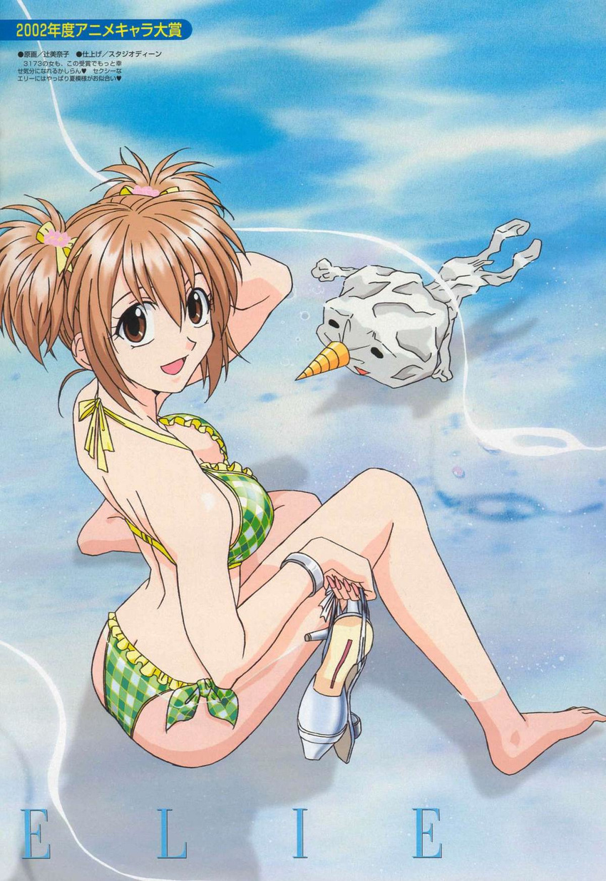 ass barefoot beach bikini breasts brown_hair butt_crack elie feet groove_adventure_rave happy high_heels highres legs official_art plue rave rave_master smile solo swimsuit thighs