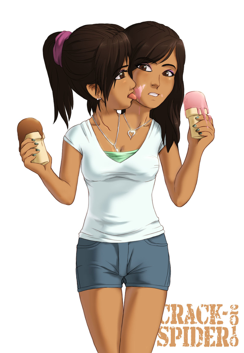 2girls black_hair brown_eyes conjoined ice_cream lick multi_head sisters twins