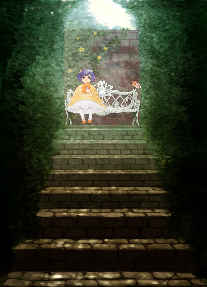 bench child dress faris_scherwiz female final_fantasy final_fantasy_v flower full_body girl highres katsura_(+araka) long_hair nature outdoors pigtails purple_eyes purple_hair short_twintails sitting solo stairs twintails