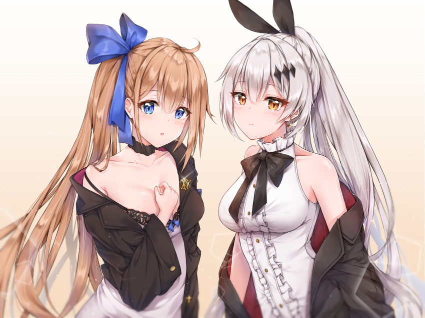 :o arm_up bangs bare_shoulders black_bow black_jacket blue_bow blue_eyes bow bowtie breasts choker cleavage closed_mouth collarbone cuna_(qunya) fal_(girls_frontline) five-seven_(girls_frontline) frill_trim girls_frontline gradient gradient_background hair_bow hand_on_own_chest high_ponytail highres jacket lace_trim light_brown_hair long_hair looking_at_viewer medium_breasts multiple_girls off_shoulder open_mouth ponytail shirt silver_hair simple_background sleeveless strap_slip white_shirt yellow_eyes