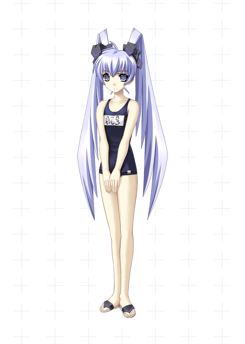 absurdres blue_eyes blue_hair female flat_chest full_body highres long_hair muvluv official_art solo swimsuit twintails white_background yashiro_kasumi