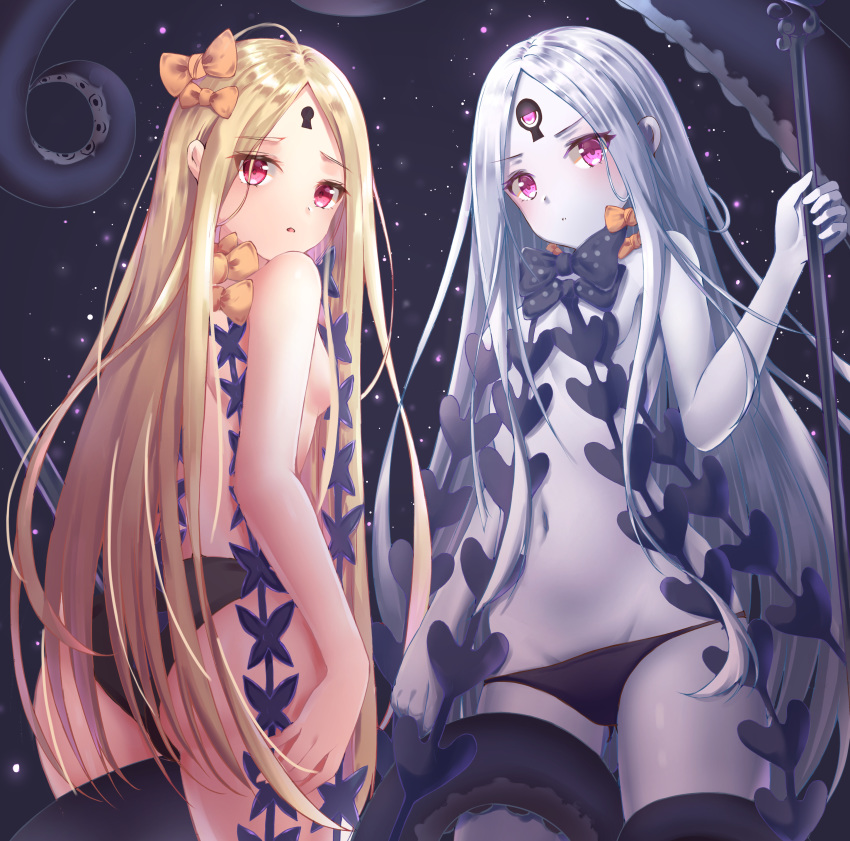 abigail_williams_(fate/grand_order) absurdres artist_request ass back bangs bare_shoulders black_bow black_legwear black_panties blonde_hair blush bow breasts dual_persona fate/grand_order fate_(series) forehead hair_bow highres keyhole long_hair looking_at_viewer looking_back navel orange_bow panties parted_bangs polka_dot polka_dot_bow red_eyes small_breasts tentacle thighhighs thighs third_eye underwear very_long_hair white_hair white_skin