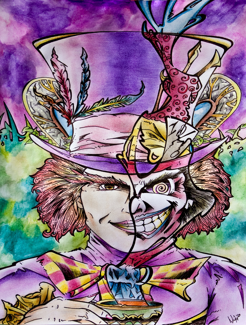 alice_in_wonderland colored drawing face first_plane gigazemus inked johnny_depp mad_hatter madness pencil smile tea_party watercolor