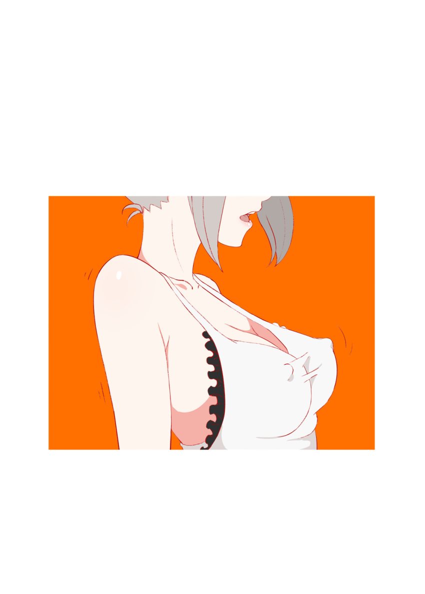 1girl apron artoria_pendragon_(all) bare_shoulders border breasts cleavage collarbone covered_nipples fate/grand_order fate_(series) frilled_apron frills grey_hair head_out_of_frame highres illusionk large_breasts lips naked_apron open_mouth orange_background saber_alter short_hair solo upper_body white_apron white_border