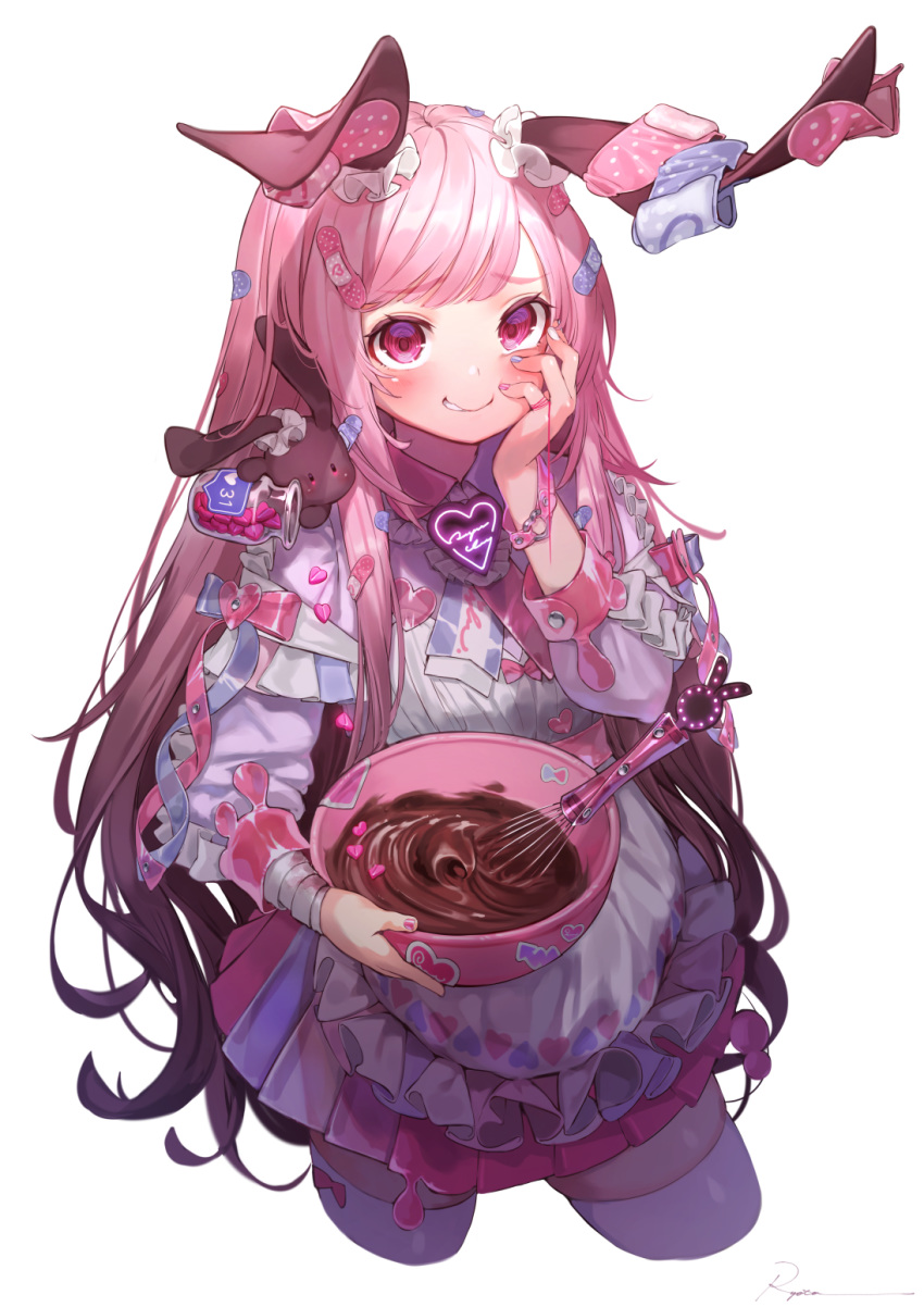 1girl animal animal_ears apron bandaid blue_nails bowl bunny bunny_ears chocolate cropped_legs frilled_apron frills hand_on_own_cheek hand_up highres holding holding_bowl holding_jar long_hair long_sleeves looking_at_viewer multicolored multicolored_nails nail_polish original parted_lips pink_eyes pink_hair pink_nails ryota_(ry_o_ta) sidelocks simple_background smile solo thighhighs very_long_hair whisk white_apron white_background white_legwear white_nails zettai_ryouiki