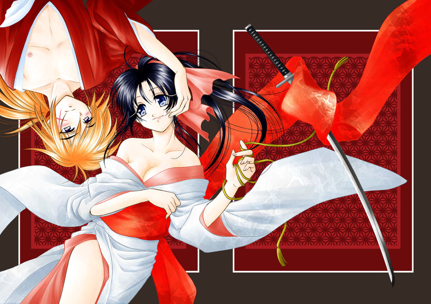 bare_shoulders black_hair blue_eyes breasts cleavage couple female himura_kenshin japanese_clothes kamiya_kaoru katana kimono long_hair male orange_hair ponytail red_ribbon ribbon rurouni_kenshin scar sword weapon yamaguchi_shinji