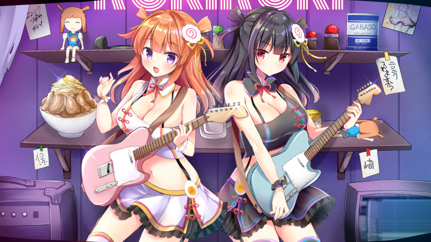 2girls :d bare_arms bare_shoulders black_hair black_shirt black_skirt blush breasts character_doll cleavage closed_mouth commentary_request copyright_request crop_top detached_collar electric_guitar frilled_skirt frills guitar hair_ornament hand_up highres holding holding_instrument indoors instrument large_breasts long_hair looking_at_viewer masayo_(gin_no_ame) midriff miniskirt multiple_girls navel open_mouth orange_hair original purple_eyes red_eyes shelf shirt sidelocks single_strap skirt sleeveless sleeveless_shirt smile standing stomach suspenders thighhighs v-shaped_eyebrows virtual_youtuber white_legwear white_shirt white_skirt wrist_cuffs zettai_ryouiki
