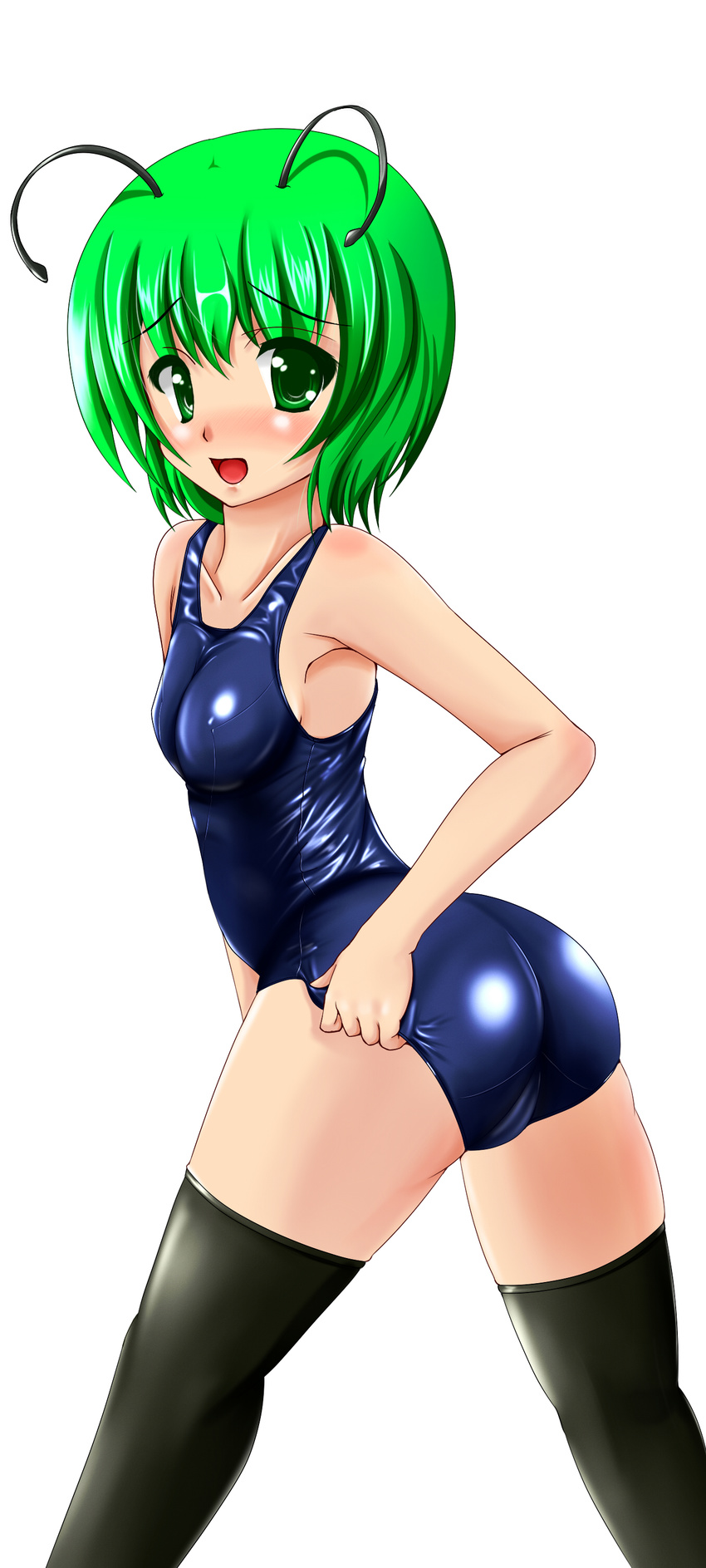 absurdres antennae ass bad_id bad_pixiv_id green_eyes green_hair highres looking_back school_swimsuit shiny shiny_clothes short_hair skindentation solo swimsuit tera_hiroshi thighhighs touhou wriggle_nightbug