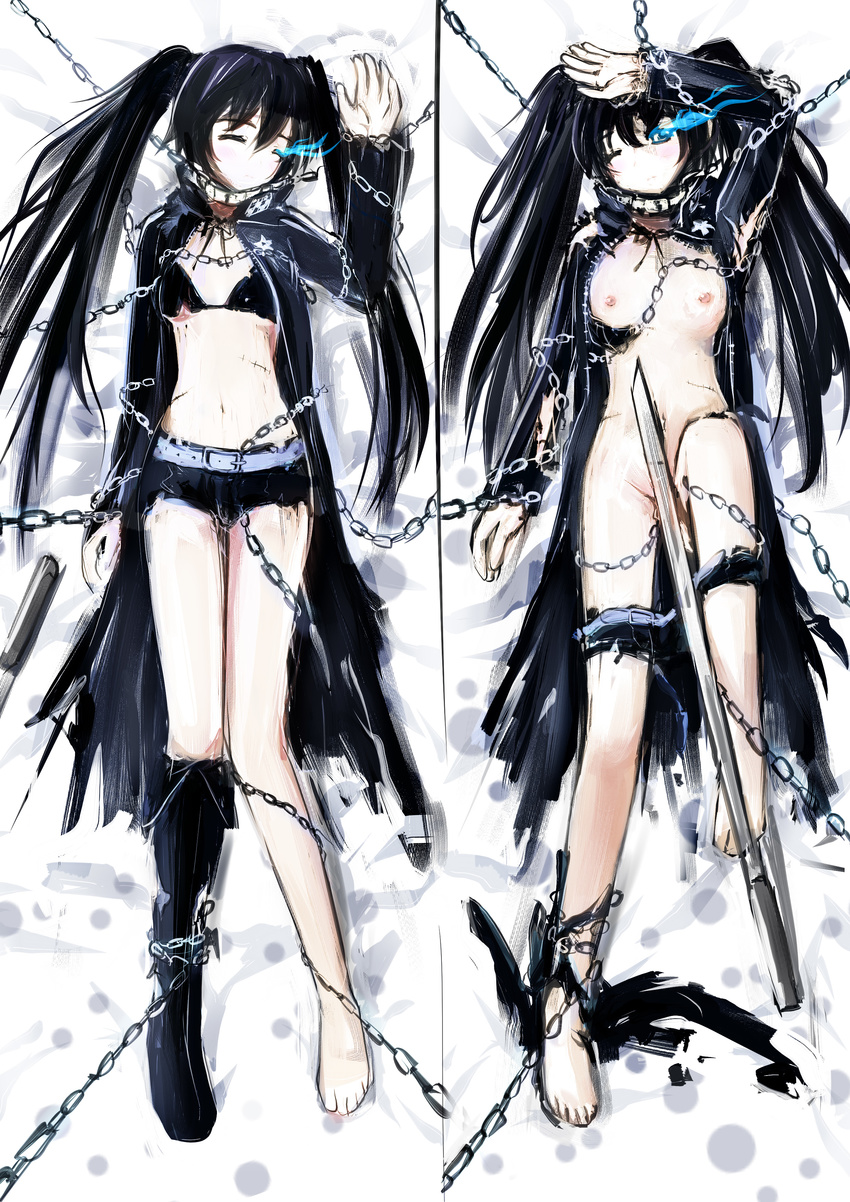 absurdres arm_up bad_id bad_pixiv_id barefoot bdsm belt bikini_top black_rock_shooter black_rock_shooter_(character) blue_eyes boots breasts censored chain closed_eyes collar convenient_censoring dakimakura glowing glowing_eye glowing_eyes highres jacket kimikimi long_hair lying medium_breasts midriff navel nipples on_back one_eye_closed restrained scar shoes short_shorts shorts single_shoe stitches sword torn_clothes twintails weapon wince