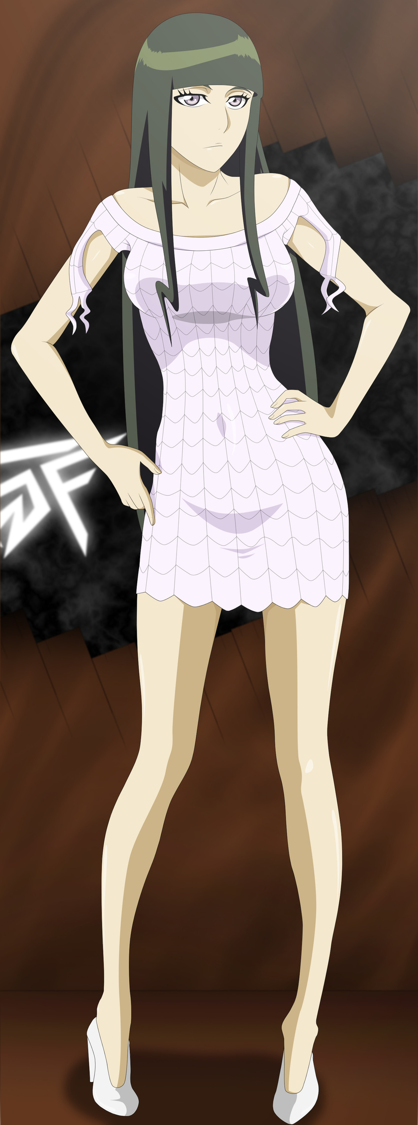 1girl absurdres arrancar bangs bleach blunt_bangs cyan_sung-sun dress expressionless green_hair hands_on_hips high_heels highres legs long_hair long_image pink_eyes purple_eyes shoes solo stiky_finkaz sun-sun tall_image