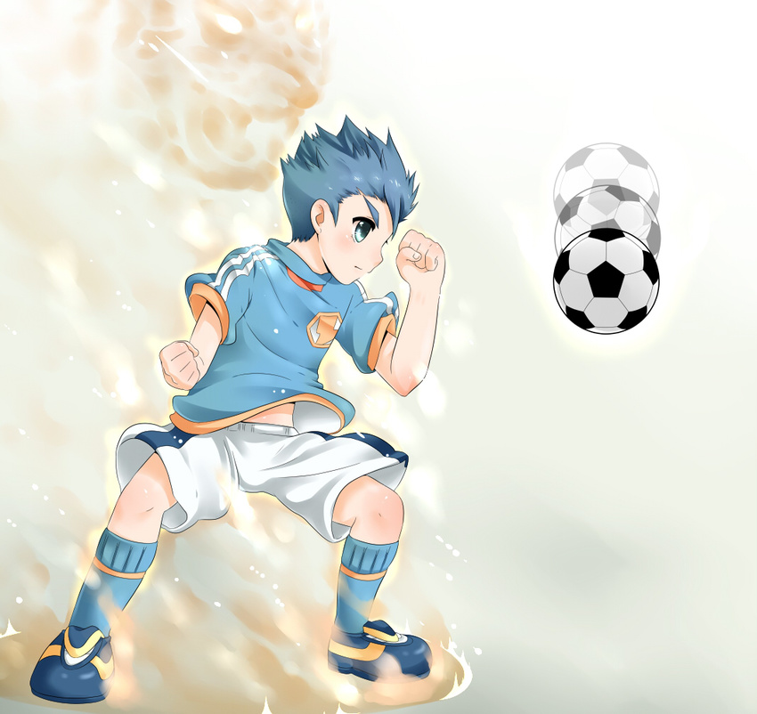 ball blue_eyes blue_hair boy clenched_hand falling fist inazuma_eleven inazuma_eleven_(series) male male_focus o-mars short_hair soccer soccer_ball spiked_hair spiky_hair stance utsunomiya_toramaru