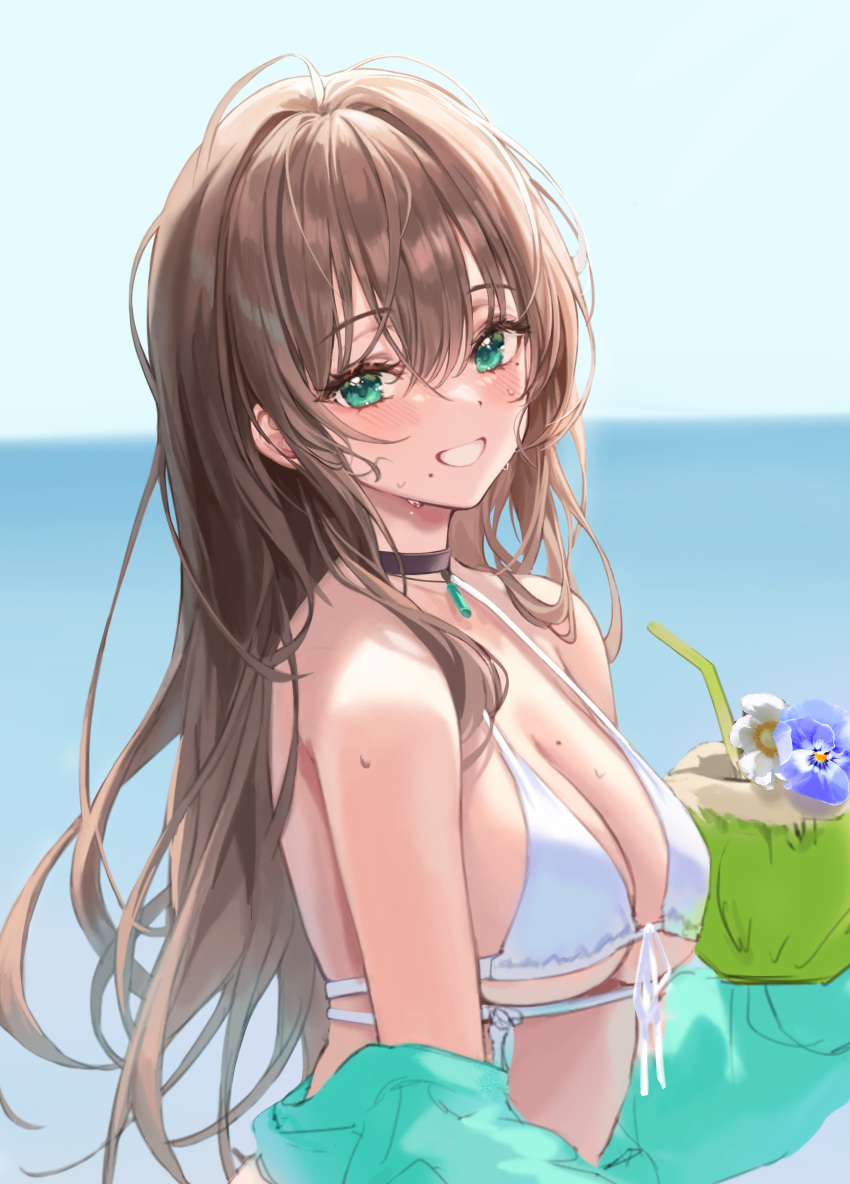 1girl absurdres bare_shoulders beach bikini breasts brown_hair choker cleavage coconut drinking_straw dripping green_eyes grin highres looking_at_viewer lujang_(fudge) medium_breasts original smile solo swimsuit unfinished upper_body wet white_bikini