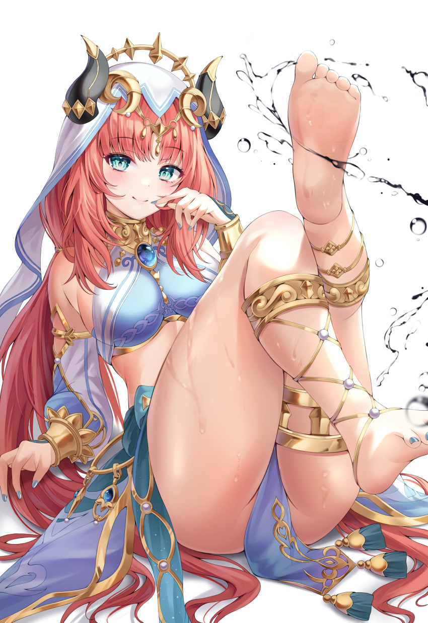 1girl absurdres armlet bangs barefoot blue_skirt blush bnari bracer breasts brooch feet genshin_impact green_eyes hair_ornament harem_outfit highres horns jewelry large_breasts long_hair long_sleeves looking_at_viewer low_twintails neck_ring nilou_(genshin_impact) puffy_long_sleeves puffy_sleeves red_hair sash sidelocks skirt smile soles solo thighlet thighs twintails veil water