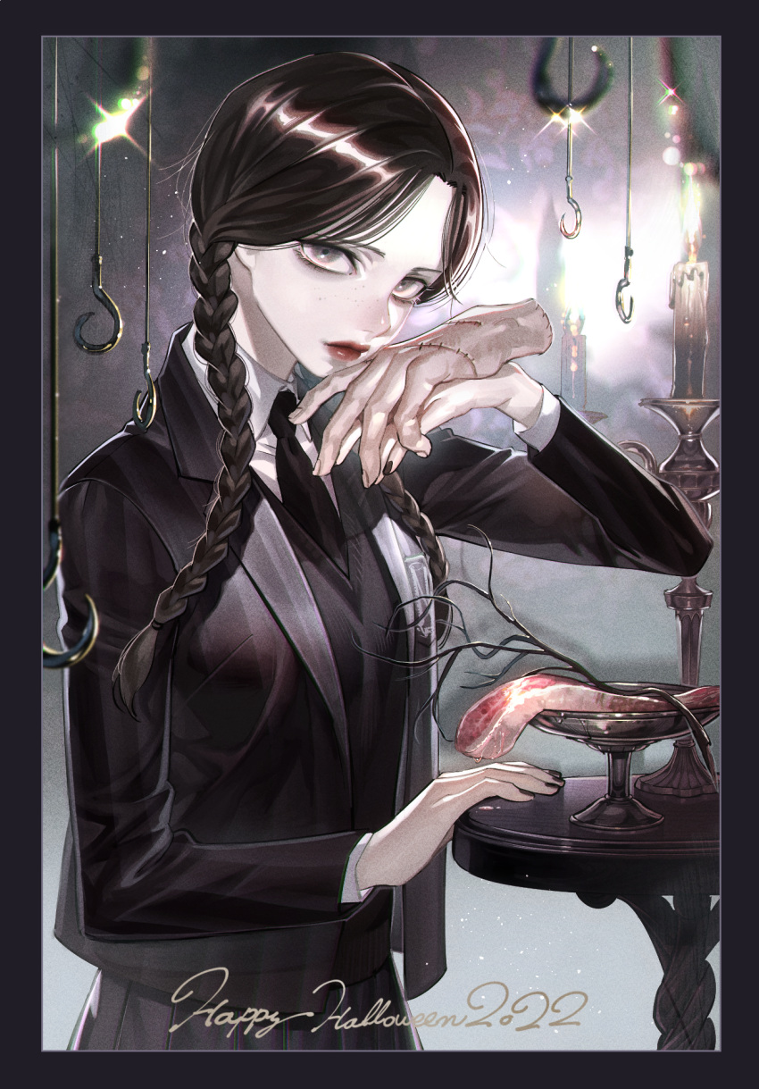 1girl 1other addams_family black_hair braid candle candlestand english_text food gothic grey_eyes halloween happy_halloween highres hook newponold school_uniform steak stitches thing_(addams_family) wednesday_(netflix) wednesday_addams