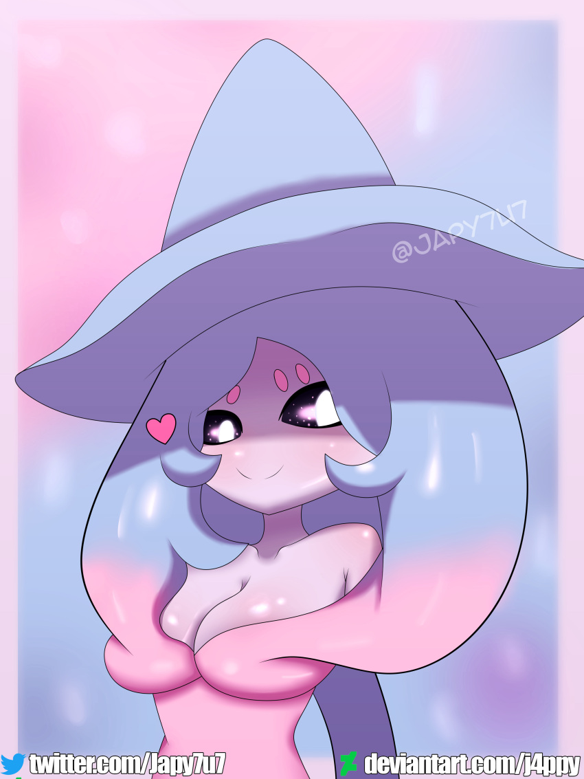 absurd_res anthro big_breasts blue_hair breasts clothing female generation_8_pokemon hair hat hatterene headgear headwear hi_res humanoid japy7u7 looking_at_viewer magic_user nintendo pink_hair pokemon pokemon_(species) simple_background smile solo video_games white_body witch witch_hat