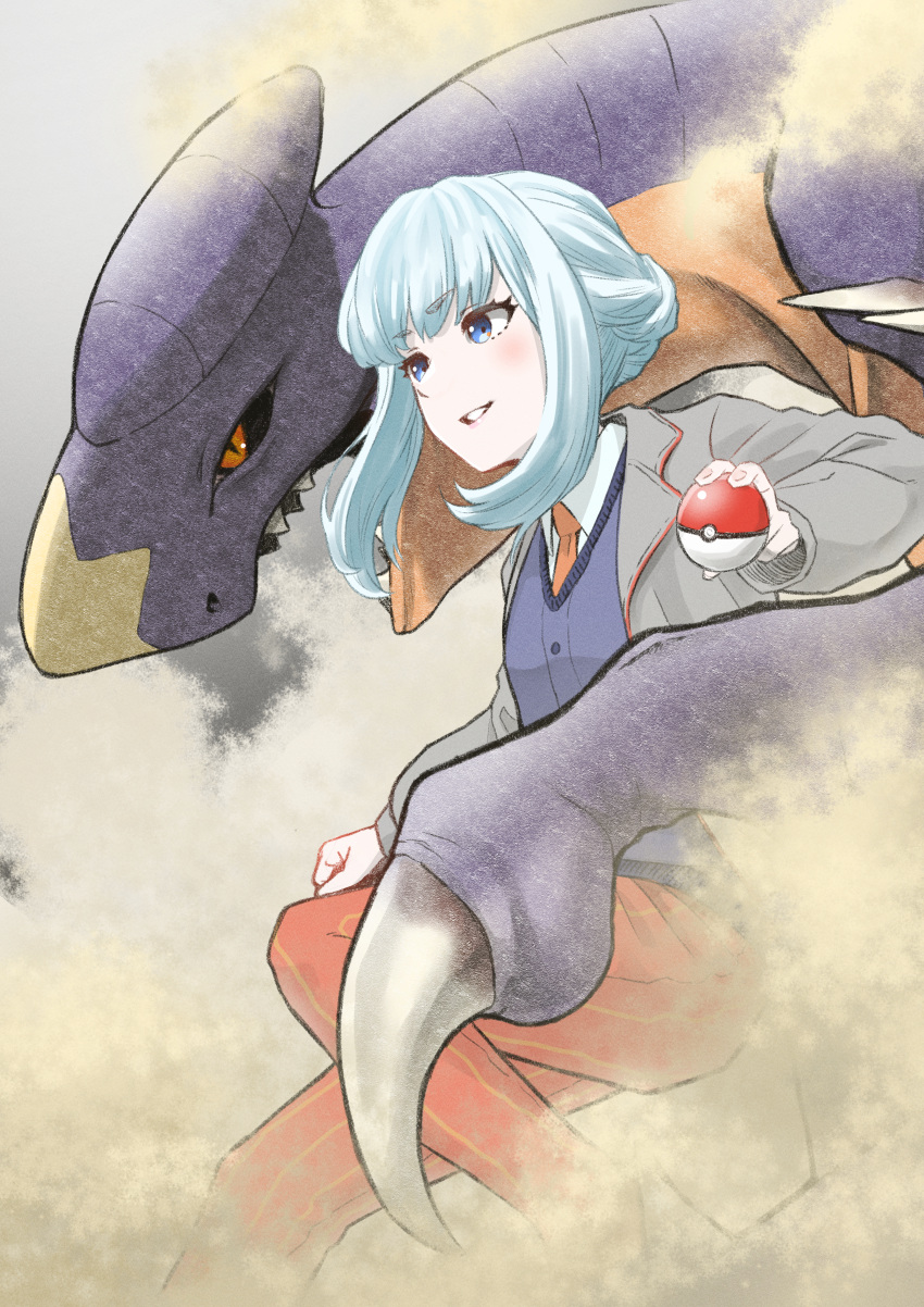 1girl absurdres blue_eyes blue_hair blue_sweater_vest character_request claws commentary_request copyright_request fangs from_side garchomp grey_jacket highres holding holding_poke_ball jacket long_sleeves looking_away medium_hair necktie nemaki_(nemaki87456) open_clothes open_jacket open_mouth pants poke_ball poke_ball_(basic) pokemon pokemon_(creature) red_eyes red_necktie red_pants shirt sidelocks smile striped striped_pants sweater_vest teeth vertical-striped_pants vertical_stripes