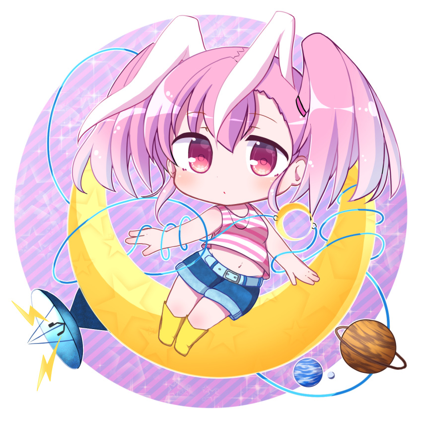 1girl animal_ears bangs bare_arms bare_shoulders blue_shorts boots breasts chibi closed_mouth commentary_request copyright_request crescent crop_top diagonal_stripes hair_between_eyes highres lightning_bolt_symbol looking_at_viewer midriff navel pink_hair planet planetary_ring rabbit_ears red_eyes rensei satellite_dish shirt short_shorts shorts sleeveless sleeveless_shirt small_breasts solo striped striped_background striped_shirt twintails yellow_footwear