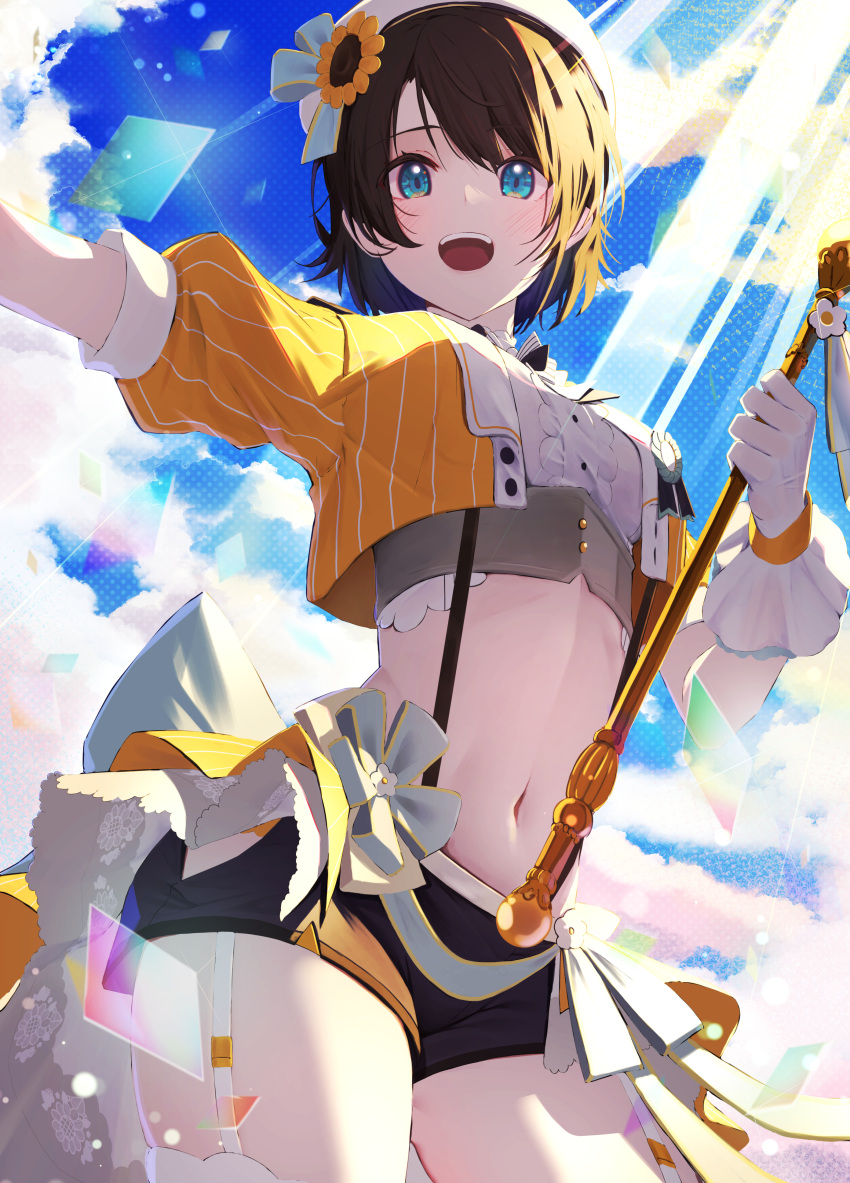1girl :d absurdres aqua_eyes award_ribbon bangs beret black_shorts blue_ribbon blush breasts brown_hair center_frills cloud cloudy_sky commentary_request contrapposto cowboy_shot crop_top cropped_jacket day flower frills from_below glint gloves hair_flower hair_ornament hand_up hat highres hip_vent holding hololive idol jacket light_rays looking_at_viewer marching_band_baton midriff mikaku navel official_alternate_costume oozora_subaru open_clothes open_jacket open_mouth orange_jacket outstretched_arm pinstripe_pattern puffy_short_sleeves puffy_sleeves rainbow ribbon shirt short_hair short_shorts short_sleeves shorts sky small_breasts smile solo standing striped sunflower_hair_ornament sunlight suspender_shorts suspenders swept_bangs teeth thighhighs upper_teeth virtual_youtuber waist_cape white_gloves white_headwear white_shirt white_thighhighs