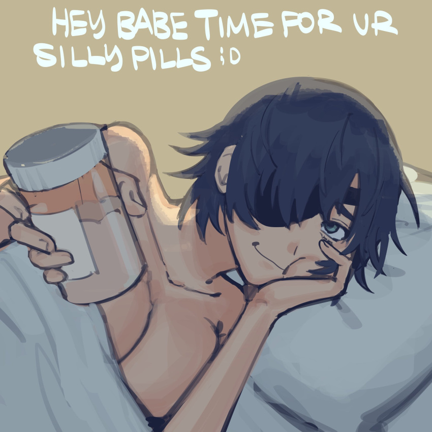 1girl bed bed_sheet black_hair blue_eyes breasts chainsaw_man cleavage closed_mouth english_commentary english_text eyepatch head_on_hand highres himeno_(chainsaw_man) holding holding_medicine_bottle holding_pill_bottle light_brown_background liowig medicine_bottle pill_bottle pillow simple_background smile solo