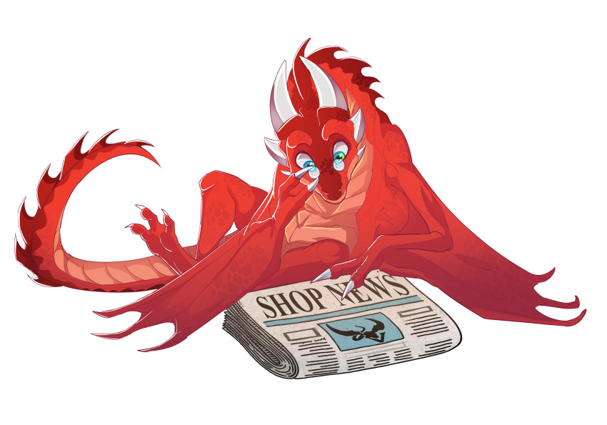 2022 absurd_res chibi claws digital_media_(artwork) dragon eyewear feral glasses green_eyes hi_res horn male membrane_(anatomy) membranous_wings newspaper paws reading reading_newspaper red_body red_scales scales scalie solo spikes text wanderertamplior wings wyvern