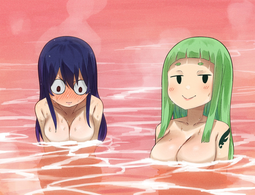 2girls bath bathing blue_hair blush breasts cleavage completely_nude convenient_censoring dark_blue_hair dripping eden's_zero gaston18 green_hair highres homura_kogetsu kleene_(eden's_zero) large_breasts long_hair multiple_girls nude steam tattoo water wet