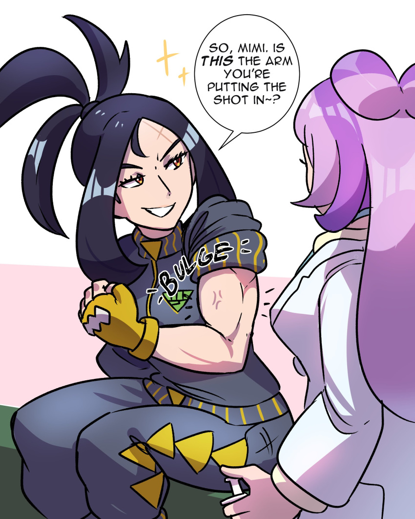 absurdres black_hair black_jacket coat cross_scar dendra_(pokemon) fingerless_gloves flexing flirting gloves highres jacket juno_son labcoat long_hair miriam_(pokemon) multicolored_hair muscular muscular_female pants pokemon pokemon_(game) pokemon_sv purple_hair scar scar_on_face scar_on_forehead smile speech_bubble track_jacket two-tone_hair white_coat yellow_gloves yuri