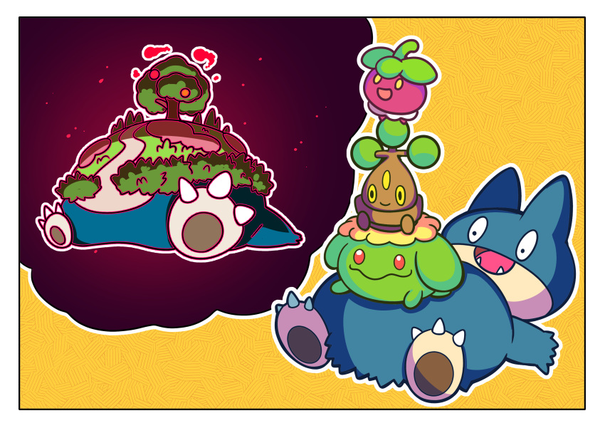 absurdres bonsly border bounsweet claws commentary_request fangs fukidashi_cotton gigantamax gigantamax_snorlax highres imagining imitating lying munchlax no_humans on_back open_mouth pokemon pokemon_(creature) sitting skiploom smile snorlax white_border