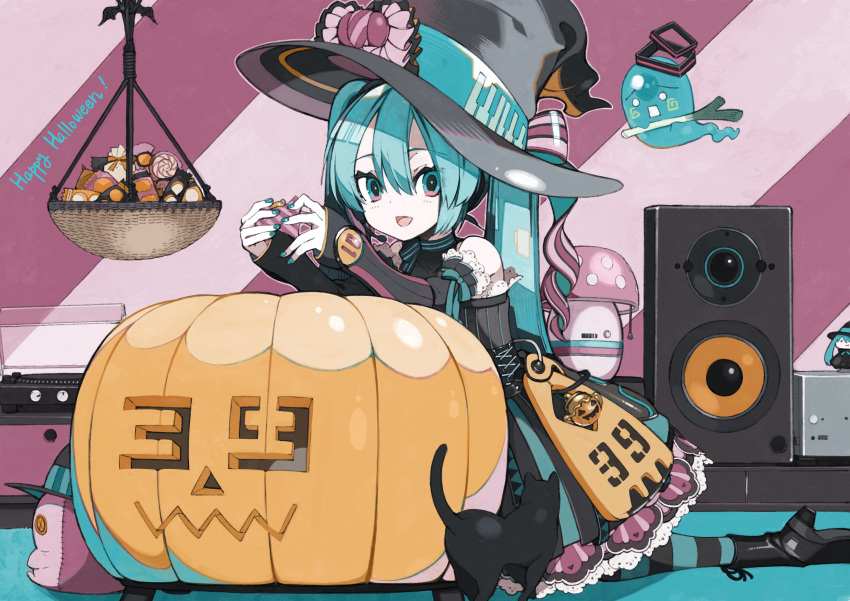 1girl 39 :d absurdres animal ankle_boots aqua_eyes aqua_hair aqua_nails bangs bare_shoulders basket black_cat black_dress black_footwear black_headwear boots candy cat character_doll corset creature cross-laced_clothes detached_sleeves dress feet_out_of_frame food ghost halloween hat hat_ribbon hatsune_miku high_heel_boots high_heels highres jack-o'-lantern jack-o'-lantern_ornament kneeling lamp lollipop looking_at_viewer mushroom o_o pantyhose ribbon shoe_soles smile speaker spring_onion striped striped_background striped_pantyhose stuffed_toy suzukou swirl_lollipop themed_object twintails two-sided_fabric vocaloid witch_hat