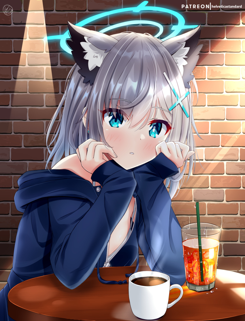 1girl alternate_costume animal_ears arm_support bangs blue_archive blue_eyes brick_wall coffee coffee_mug commentary_request cross_hair_ornament cup drinking_glass drinking_straw grey_hair hair_between_eyes hair_ornament halo head_rest helvetica_std highres hood hooded_jacket ice ice_cube iced_tea jacket long_sleeves looking_at_viewer mismatched_pupils mug parted_lips shiroko_(blue_archive) short_hair sidelocks solo spaghetti_strap steam sunlight table wolf_ears wolf_girl