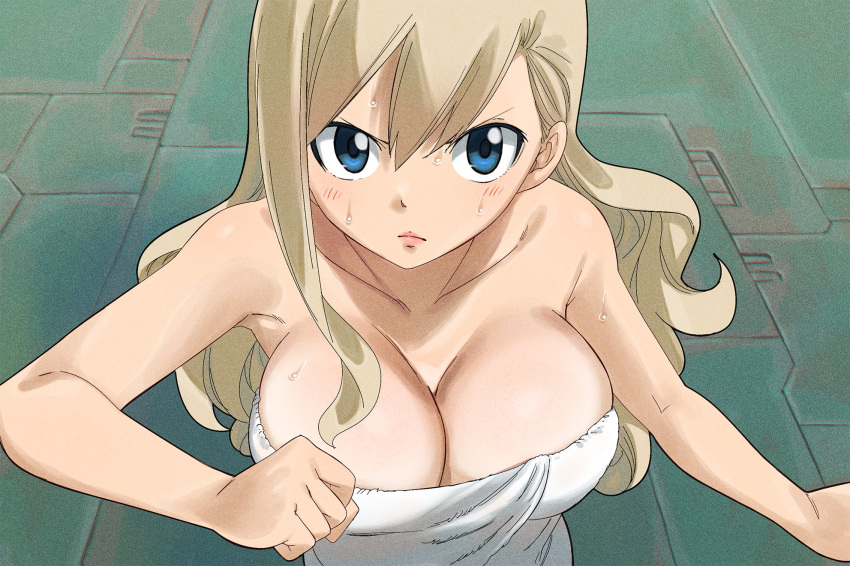 1girl blonde_hair blue_eyes blush breasts cleavage closed_mouth dripping eden's_zero gaston18 highres large_breasts long_hair naked_towel rebecca_bluegarden towel wet